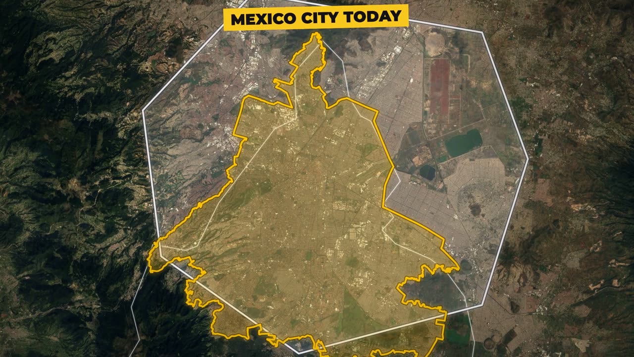 Satellite map of the Valley of Mexico with the former Lake Texcoco and today's city limits