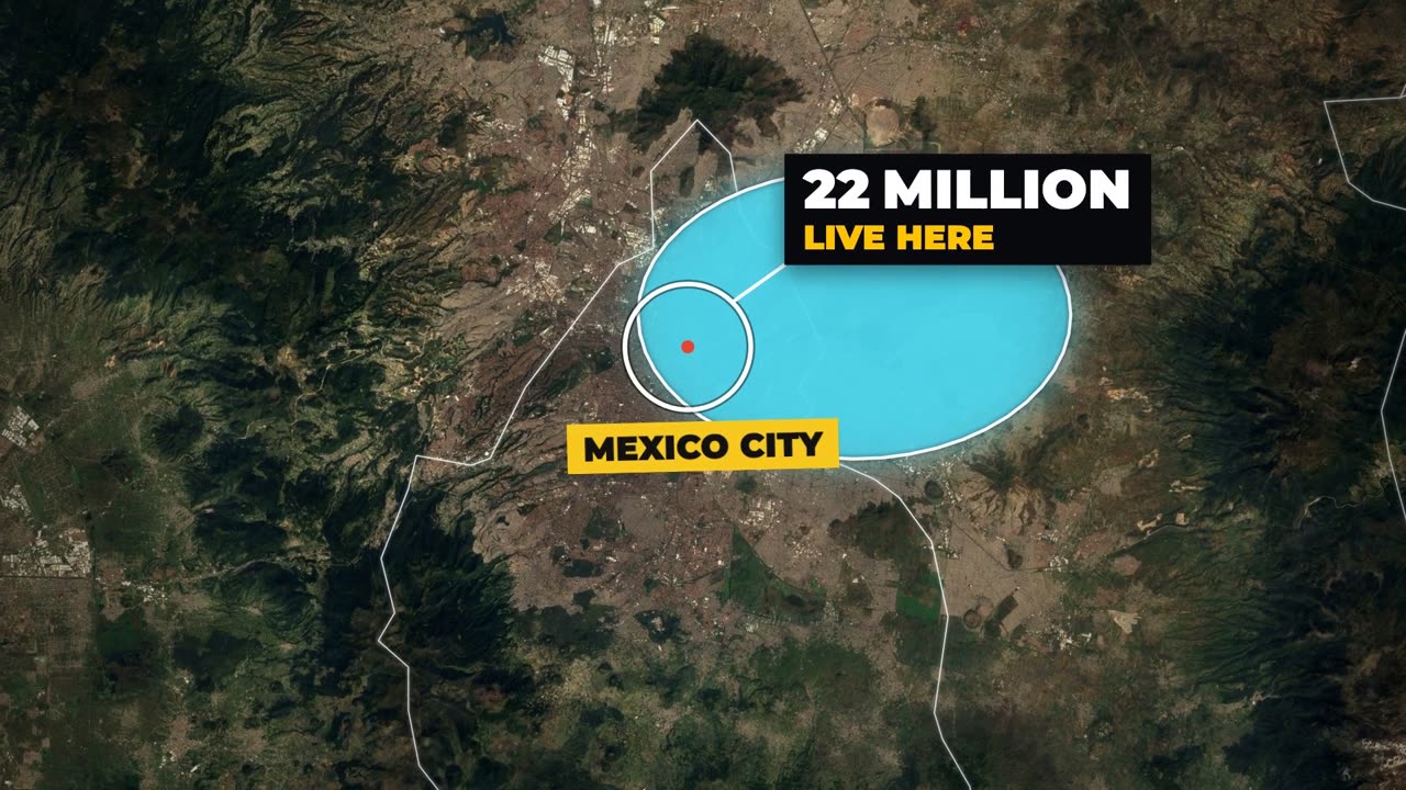 Satellite map of the Valley of Mexico, the old lake in blue, a white circle on Mexico City: 22 million live here