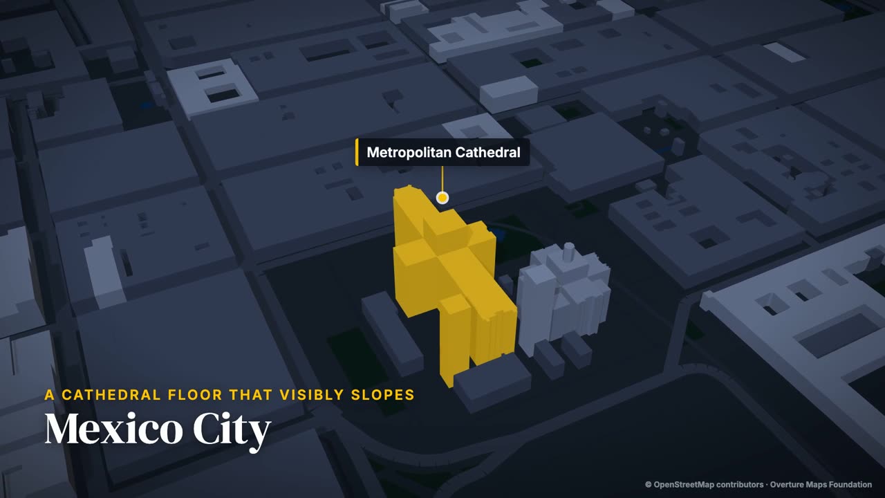 3D map of Mexico City's centre, the Metropolitan Cathedral lit in yellow