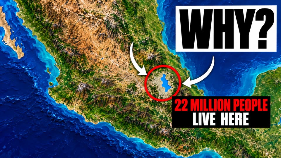 Thumbnail: a map of central Mexico, a red circle on the Valley of Mexico, 'WHY?' and '22 million people live here'
