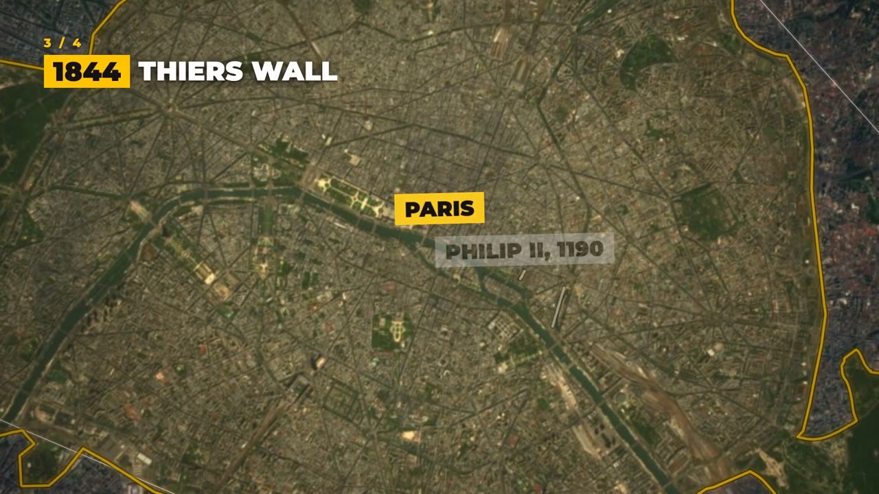 Satellite map of Paris with the city limits drawn in yellow and an era caption