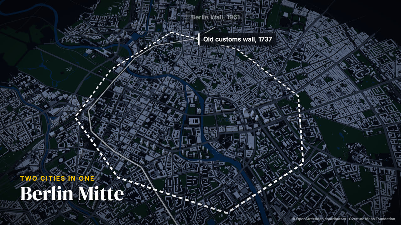 3D map of Berlin with an old wall line and an old customs boundary drawn on the streets