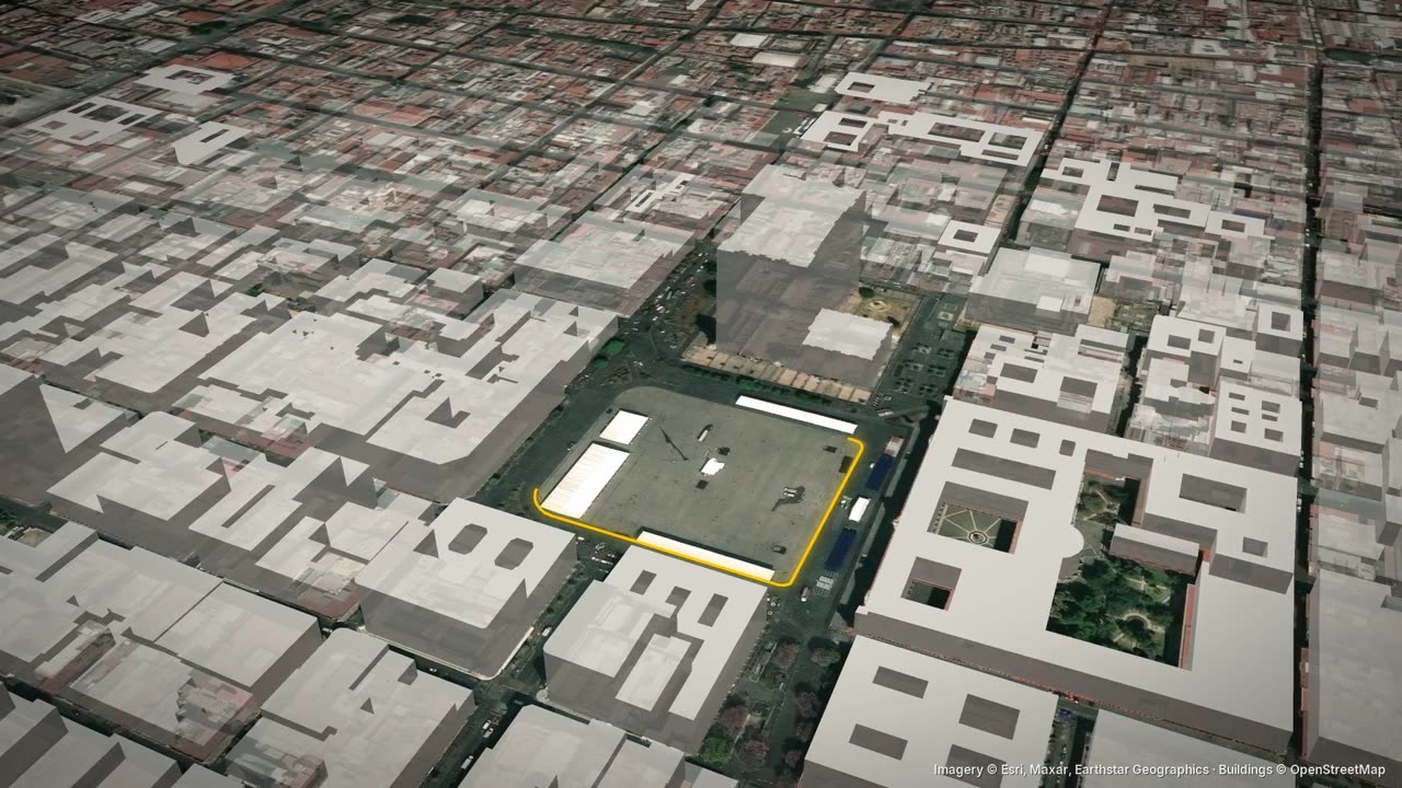 3D view of the Zócalo in Mexico City with the square outlined in yellow